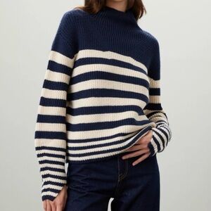 Derek Lam Navy and Cream Striped Cowl Turtleneck Sweater | Size S